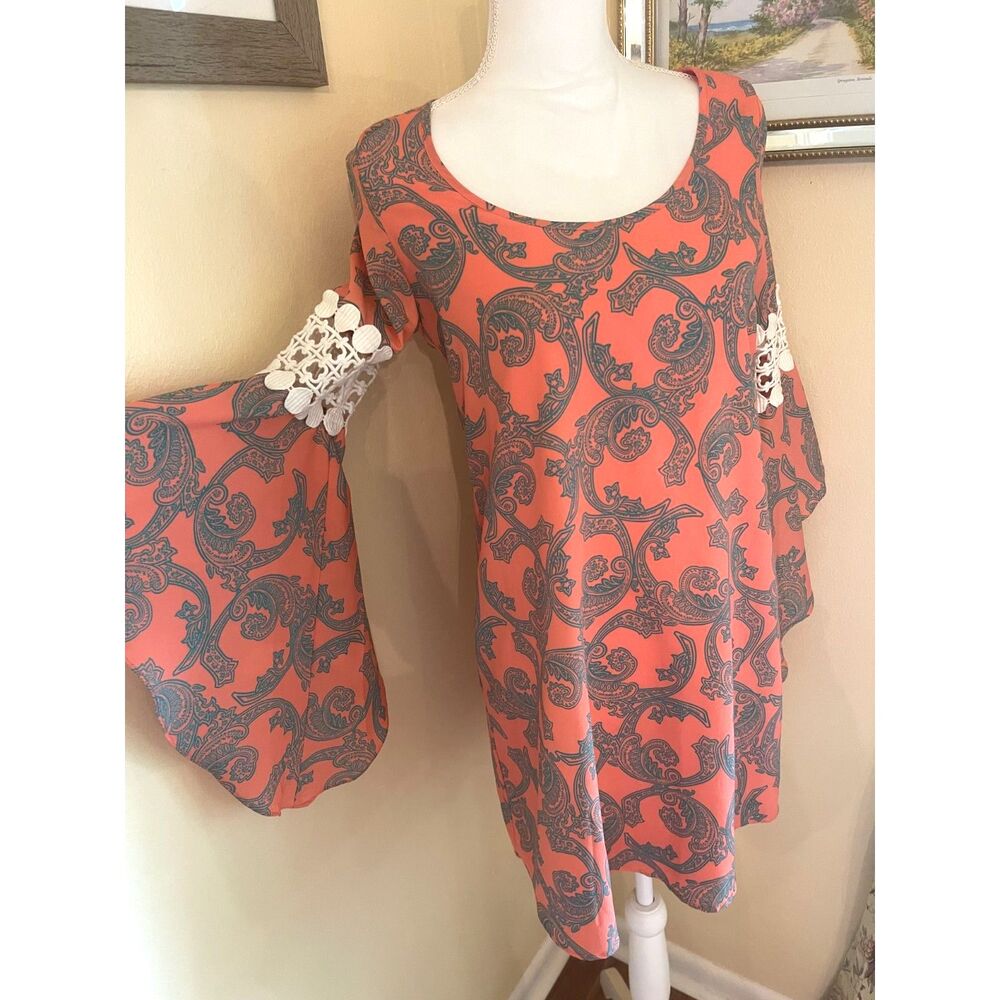 Retro 60s Paisley Shift Mini Dress Bell Sleeves Crochet Party Costume Boho XS
